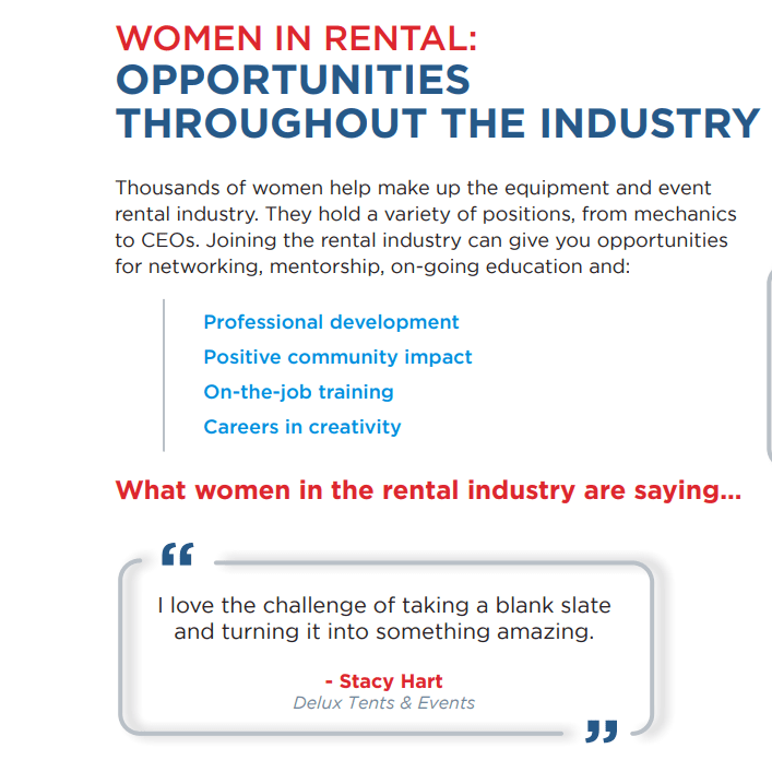 Women in Rental flyer highlighting diverse roles and growth opportunities in the industry. Features professional development, community impact, and a quote by Stacy Hart on creativity.